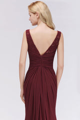 Mermaid Scoop Sleeveless Lace Burgundy Bridesmaid Dresses with Pleats-Babyonlines