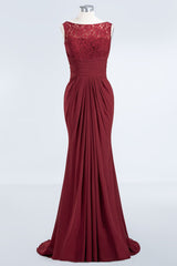 Mermaid Scoop Sleeveless Lace Burgundy Bridesmaid Dresses with Pleats-Babyonlines