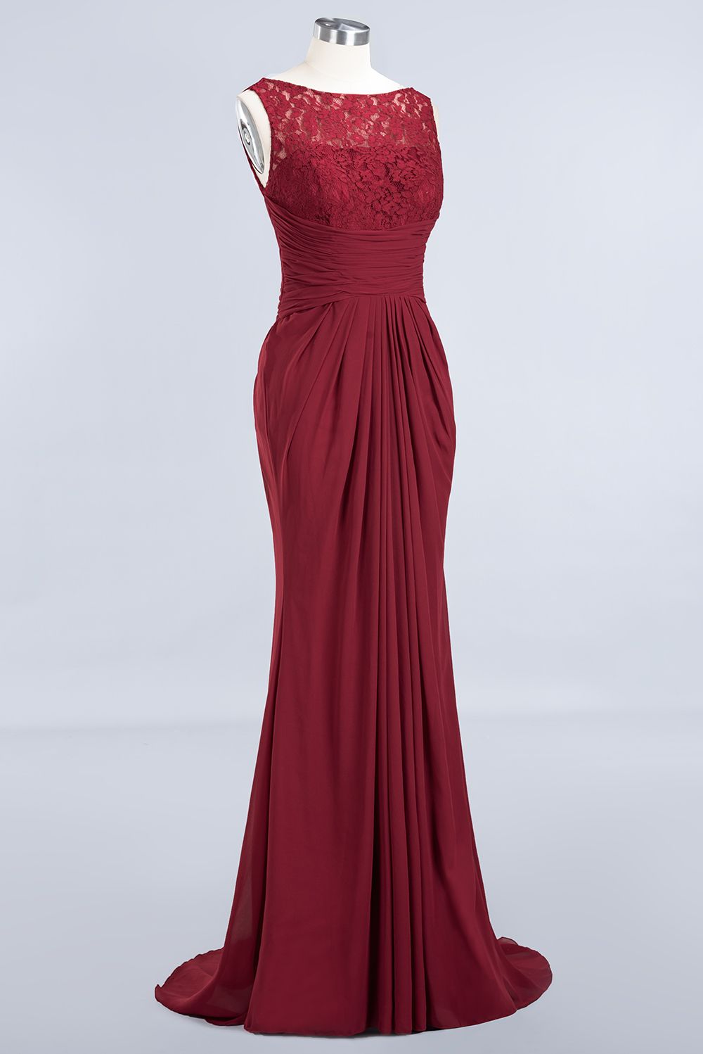 Mermaid Scoop Sleeveless Lace Burgundy Bridesmaid Dresses with Pleats-Babyonlines