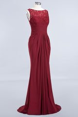 Mermaid Scoop Sleeveless Lace Burgundy Bridesmaid Dresses with Pleats-Babyonlines