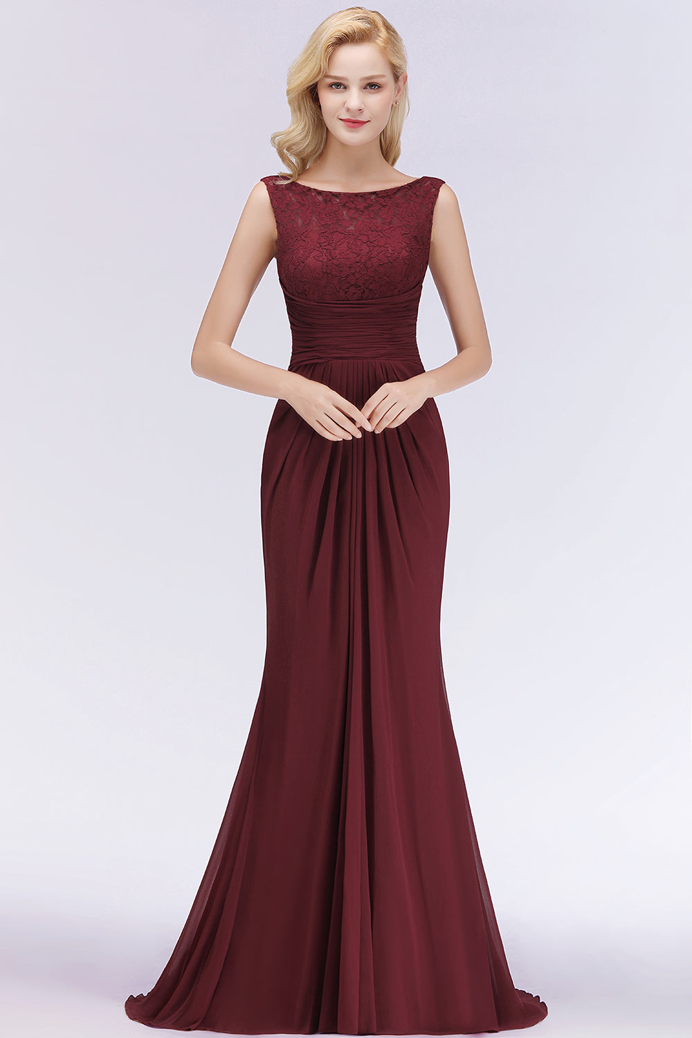 Mermaid Scoop Sleeveless Lace Burgundy Bridesmaid Dresses with Pleats-Babyonlines
