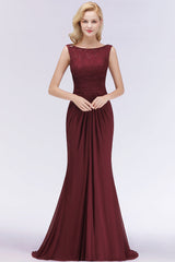 Mermaid Scoop Sleeveless Lace Burgundy Bridesmaid Dresses with Pleats-Babyonlines