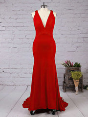 Mermaid Sweep Train V-neck Jersey Prom Dresses in Trumpet Style