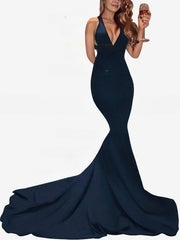 Mermaid Sweep Train V-neck Jersey Prom Dresses in Trumpet Style