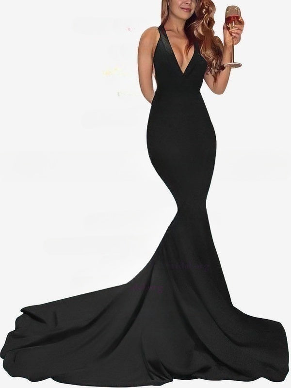 Mermaid Sweep Train V-neck Jersey Prom Dresses in Trumpet Style