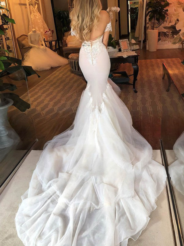 Mermaid Sweetheart Lace Tulle Wedding Dress with Trumpet Court Train and Sashes / Ribbons