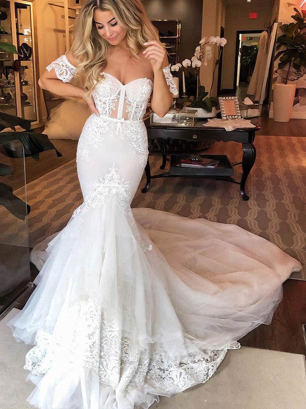 Mermaid Sweetheart Lace Tulle Wedding Dress with Trumpet Court Train and Sashes / Ribbons