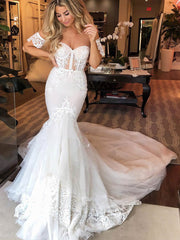 Mermaid Sweetheart Lace Tulle Wedding Dress with Trumpet Court Train and Sashes / Ribbons