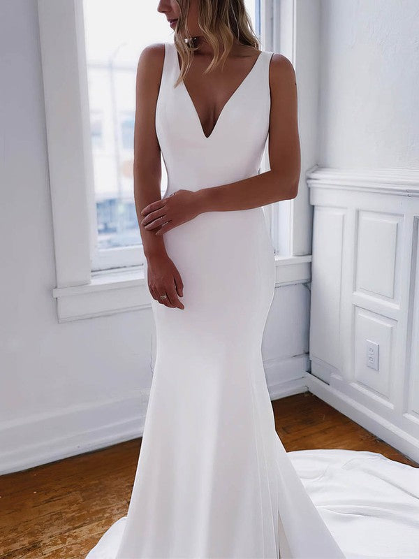 Mermaid V-neck Stretch Crepe Wedding Dress with Buttons and Sweep Train