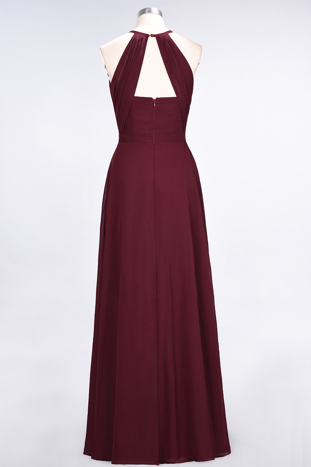 Modest Chiffon Jewel Ruffle Burgundy Long Bridesmaid Dresses Online-Babyonlines