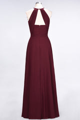 Modest Chiffon Jewel Ruffle Burgundy Long Bridesmaid Dresses Online-Babyonlines
