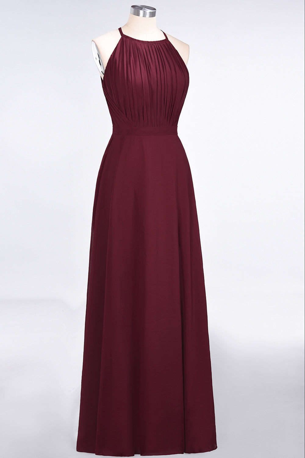 Modest Chiffon Jewel Ruffle Burgundy Long Bridesmaid Dresses Online-Babyonlines