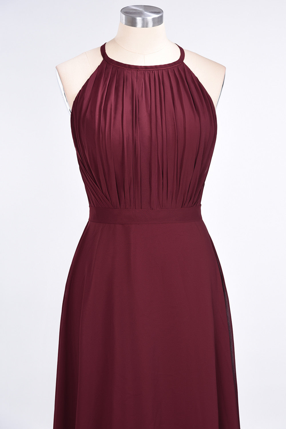 Modest Chiffon Jewel Ruffle Burgundy Long Bridesmaid Dresses Online-Babyonlines