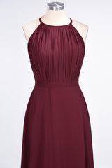 Modest Chiffon Jewel Ruffle Burgundy Long Bridesmaid Dresses Online-Babyonlines
