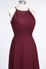 Modest Chiffon Jewel Ruffle Burgundy Long Bridesmaid Dresses Online-Babyonlines