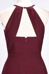 Modest Chiffon Jewel Ruffle Burgundy Long Bridesmaid Dresses Online-Babyonlines