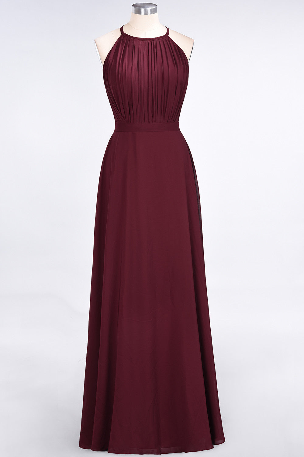 Modest Chiffon Jewel Ruffle Burgundy Long Bridesmaid Dresses Online-Babyonlines