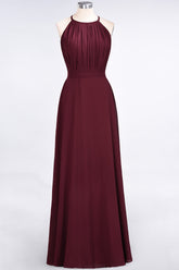 Modest Chiffon Jewel Ruffle Burgundy Long Bridesmaid Dresses Online-Babyonlines