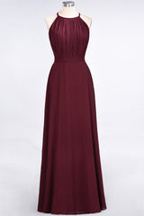 Modest Chiffon Jewel Ruffle Burgundy Long Bridesmaid Dresses Online-Babyonlines