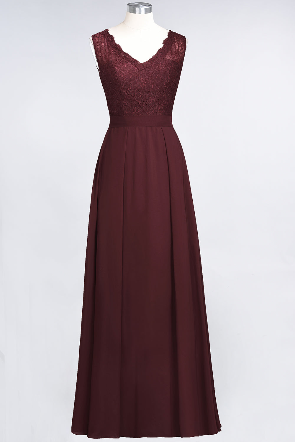 Modest Chiffon V-Neck Burgundy Lace Bridesmaid Dresses Online-Babyonlines