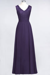 Modest Chiffon V-Neck Burgundy Lace Bridesmaid Dresses Online-Babyonlines