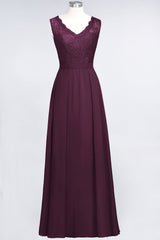 Modest Chiffon V-Neck Burgundy Lace Bridesmaid Dresses Online-Babyonlines
