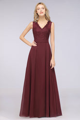 Modest Chiffon V-Neck Burgundy Lace Bridesmaid Dresses Online-Babyonlines