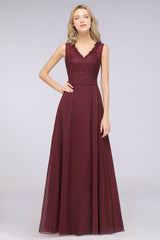 Modest Chiffon V-Neck Burgundy Lace Bridesmaid Dresses Online-Babyonlines