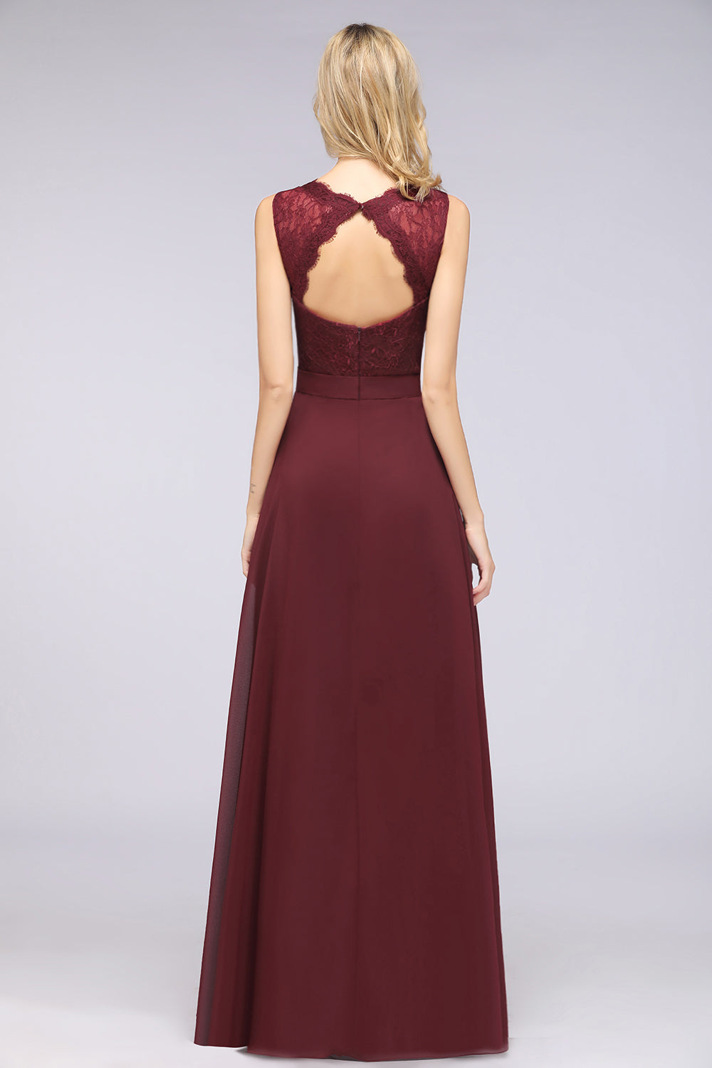 Modest Chiffon V-Neck Burgundy Lace Bridesmaid Dresses Online-Babyonlines