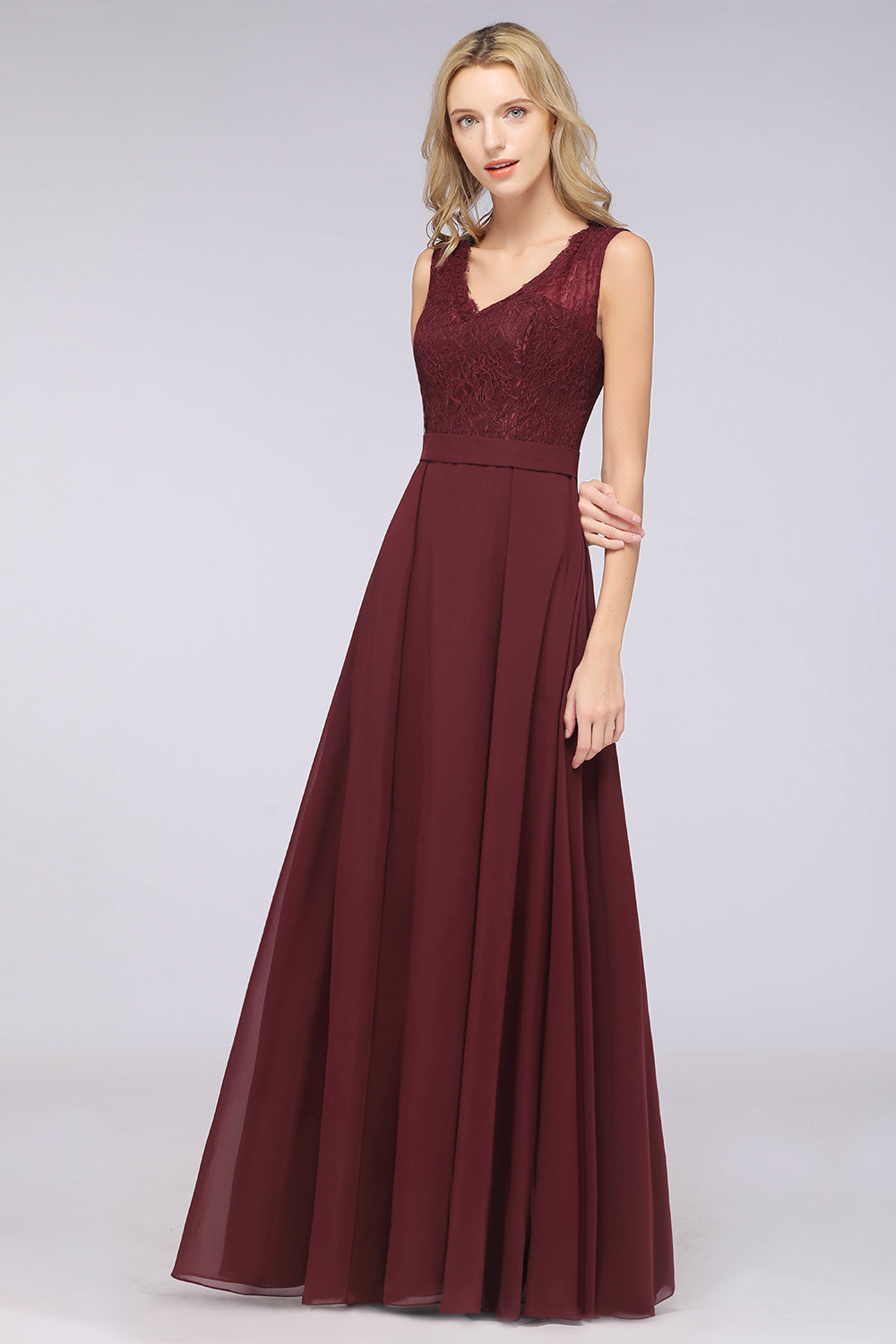 Modest Chiffon V-Neck Burgundy Lace Bridesmaid Dresses Online-Babyonlines