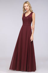 Modest Chiffon V-Neck Burgundy Lace Bridesmaid Dresses Online-Babyonlines