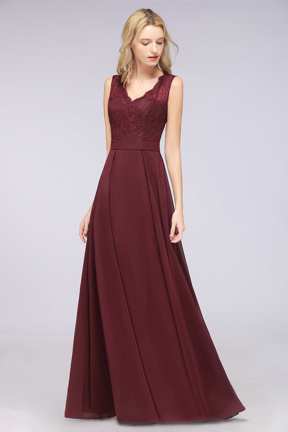 Modest Chiffon V-Neck Burgundy Lace Bridesmaid Dresses Online-Babyonlines