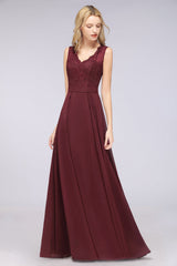 Modest Chiffon V-Neck Burgundy Lace Bridesmaid Dresses Online-Babyonlines