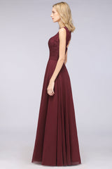Modest Chiffon V-Neck Burgundy Lace Bridesmaid Dresses Online-Babyonlines