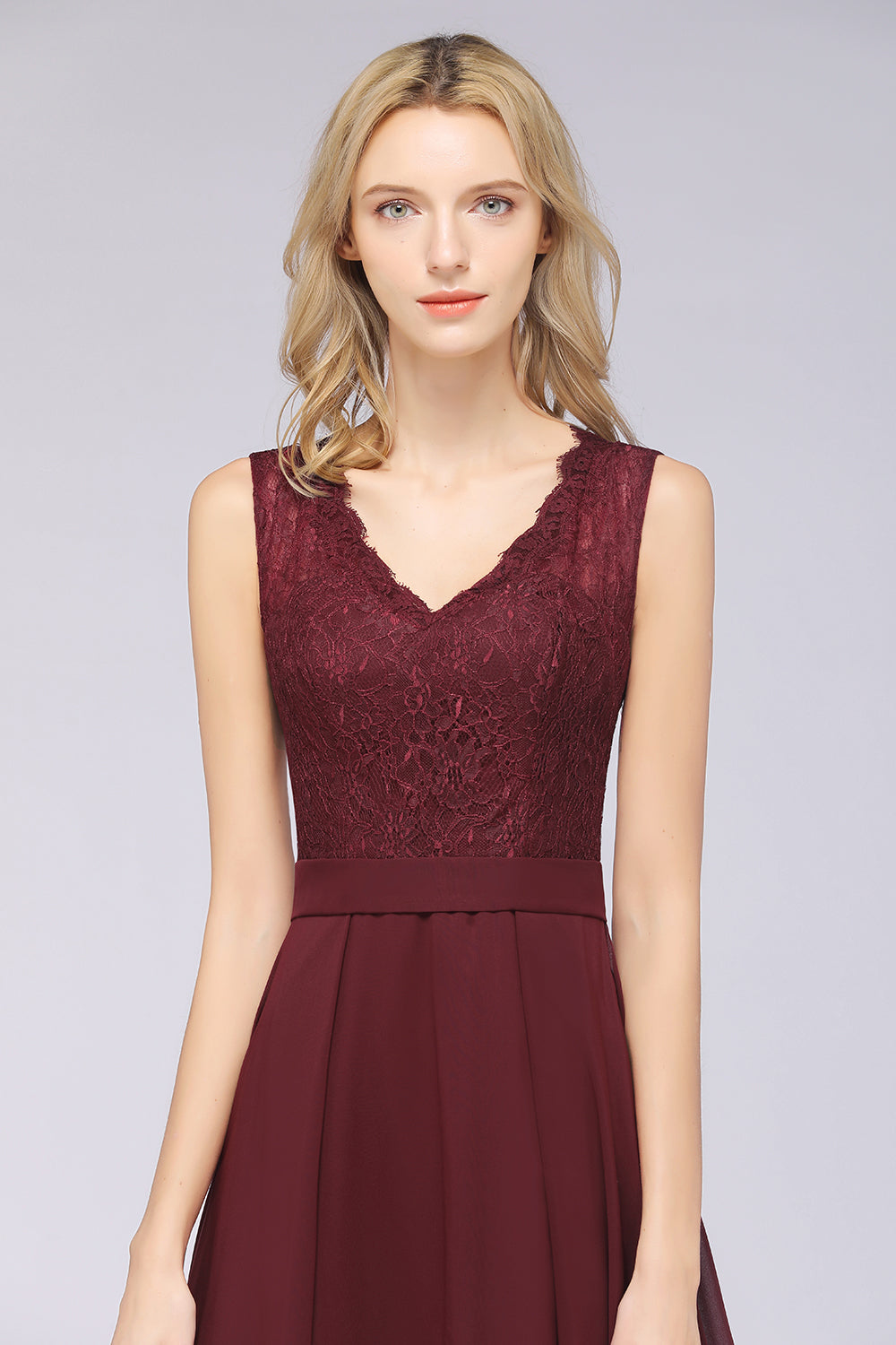Modest Chiffon V-Neck Burgundy Lace Bridesmaid Dresses Online-Babyonlines