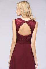 Modest Chiffon V-Neck Burgundy Lace Bridesmaid Dresses Online-Babyonlines