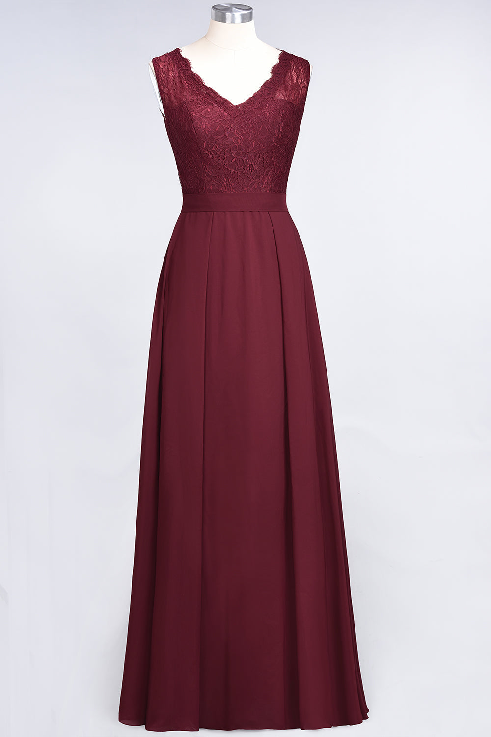 Modest Chiffon V-Neck Burgundy Lace Bridesmaid Dresses Online-Babyonlines