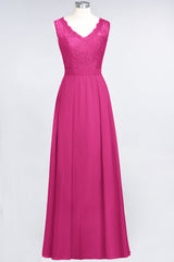 Modest Chiffon V-Neck Burgundy Lace Bridesmaid Dresses Online-Babyonlines