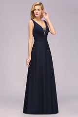Modest Chiffon V-Neck Long Bridesmaid Dress Online with Beadings-Babyonlines