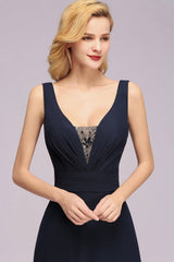 Modest Chiffon V-Neck Long Bridesmaid Dress Online with Beadings-Babyonlines