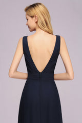 Modest Chiffon V-Neck Long Bridesmaid Dress Online with Beadings-Babyonlines