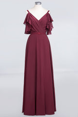 Modest Cold-shoulder Crinkle Chiffon Long Bridesmaid Dress with Pearls-Babyonlines