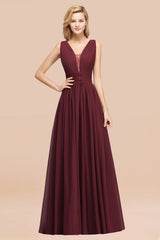 Modest Dark Green Long Bridesmaid Dress Deep V-Neck Chiffon Maid of Honor Dress-Babyonlines
