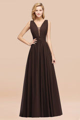 Modest Dark Green Long Bridesmaid Dress Deep V-Neck Chiffon Maid of Honor Dress-Babyonlines