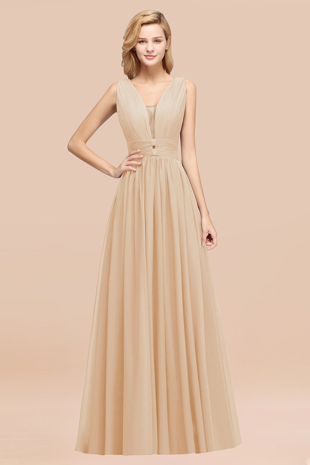 Modest Dark Green Long Bridesmaid Dress Deep V-Neck Chiffon Maid of Honor Dress-Babyonlines