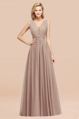 Modest Dark Green Long Bridesmaid Dress Deep V-Neck Chiffon Maid of Honor Dress-Babyonlines