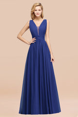 Modest Dark Green Long Bridesmaid Dress Deep V-Neck Chiffon Maid of Honor Dress-Babyonlines