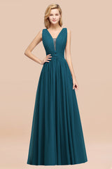 Modest Dark Green Long Bridesmaid Dress Deep V-Neck Chiffon Maid of Honor Dress-Babyonlines