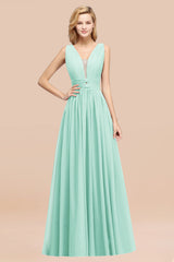 Modest Dark Green Long Bridesmaid Dress Deep V-Neck Chiffon Maid of Honor Dress-Babyonlines