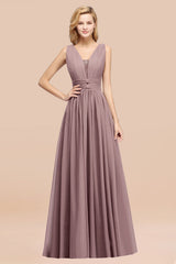 Modest Dark Green Long Bridesmaid Dress Deep V-Neck Chiffon Maid of Honor Dress-Babyonlines